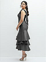 Side View Thumbnail - Gunmetal Bow-Shoulder Satin Midi Dress with Asymmetrical Tiered Skirt