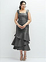 Rear View Thumbnail - Gunmetal Bow-Shoulder Satin Midi Dress with Asymmetrical Tiered Skirt