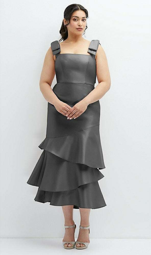 Back View - Gunmetal Bow-Shoulder Satin Midi Dress with Asymmetrical Tiered Skirt