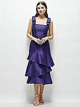Alt View 1 Thumbnail - Grape Bow-Shoulder Satin Midi Dress with Asymmetrical Tiered Skirt