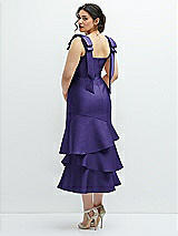 Front View Thumbnail - Grape Bow-Shoulder Satin Midi Dress with Asymmetrical Tiered Skirt