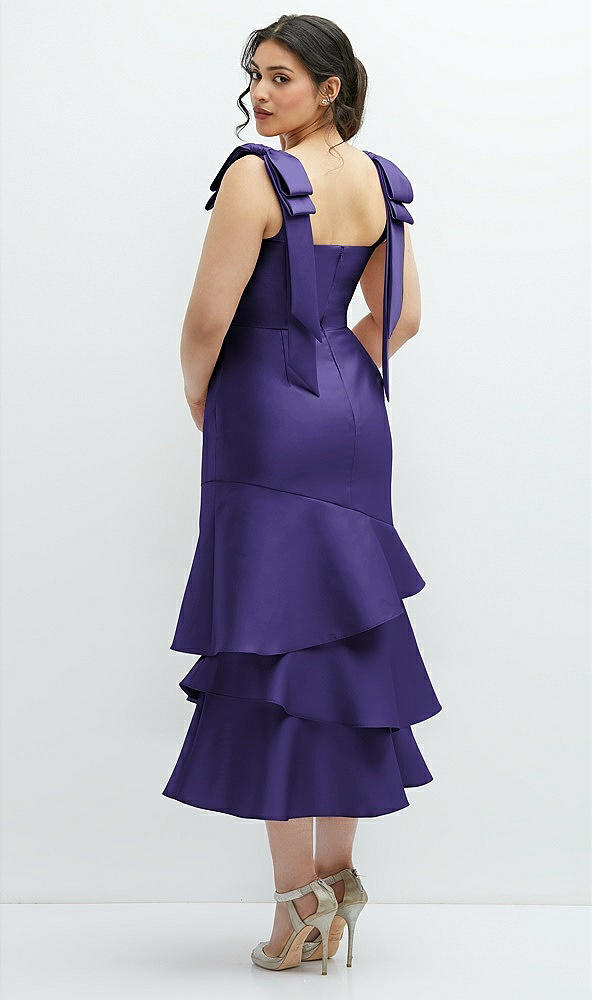 Front View - Grape Bow-Shoulder Satin Midi Dress with Asymmetrical Tiered Skirt