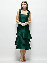 Alt View 1 Thumbnail - Hunter Green Bow-Shoulder Satin Midi Dress with Asymmetrical Tiered Skirt