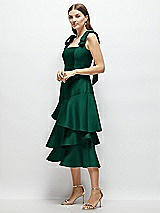 Alt View 2 Thumbnail - Hunter Green Bow-Shoulder Satin Midi Dress with Asymmetrical Tiered Skirt