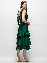 Alt View 3 Thumbnail - Hunter Green Bow-Shoulder Satin Midi Dress with Asymmetrical Tiered Skirt