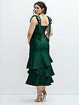 Front View Thumbnail - Hunter Green Bow-Shoulder Satin Midi Dress with Asymmetrical Tiered Skirt