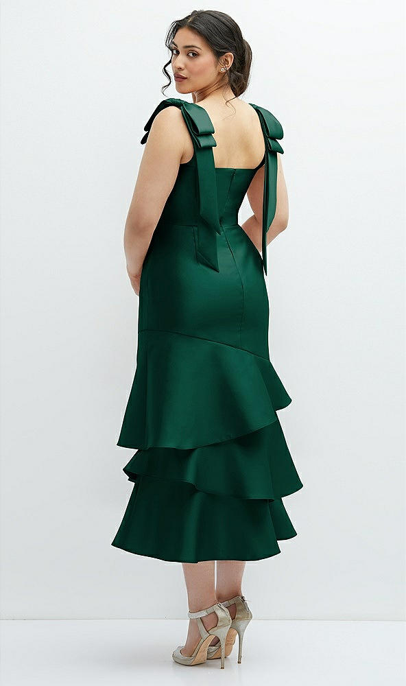Front View - Hunter Green Bow-Shoulder Satin Midi Dress with Asymmetrical Tiered Skirt