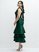 Side View Thumbnail - Hunter Green Bow-Shoulder Satin Midi Dress with Asymmetrical Tiered Skirt