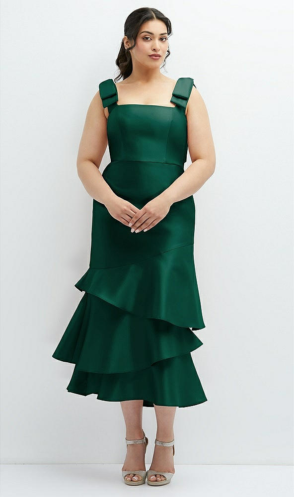 Back View - Hunter Green Bow-Shoulder Satin Midi Dress with Asymmetrical Tiered Skirt