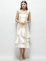 Alt View 1 Thumbnail - Ivory Bow-Shoulder Satin Midi Dress with Asymmetrical Tiered Skirt