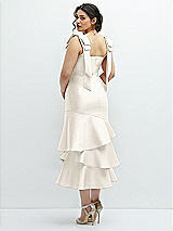 Front View Thumbnail - Ivory Bow-Shoulder Satin Midi Dress with Asymmetrical Tiered Skirt