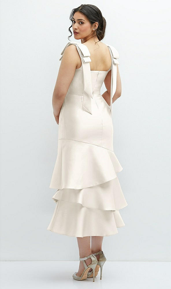 Front View - Ivory Bow-Shoulder Satin Midi Dress with Asymmetrical Tiered Skirt