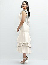 Side View Thumbnail - Ivory Bow-Shoulder Satin Midi Dress with Asymmetrical Tiered Skirt