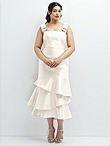 Rear View Thumbnail - Ivory Bow-Shoulder Satin Midi Dress with Asymmetrical Tiered Skirt