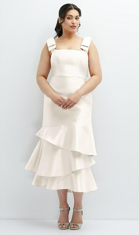 Back View - Ivory Bow-Shoulder Satin Midi Dress with Asymmetrical Tiered Skirt