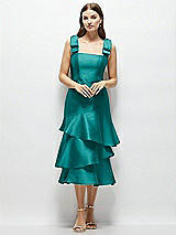 Alt View 1 Thumbnail - Jade Bow-Shoulder Satin Midi Dress with Asymmetrical Tiered Skirt