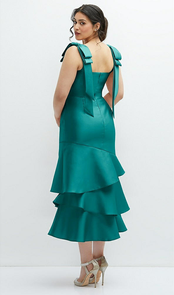 Front View - Jade Bow-Shoulder Satin Midi Dress with Asymmetrical Tiered Skirt