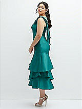 Side View Thumbnail - Jade Bow-Shoulder Satin Midi Dress with Asymmetrical Tiered Skirt