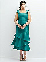 Rear View Thumbnail - Jade Bow-Shoulder Satin Midi Dress with Asymmetrical Tiered Skirt