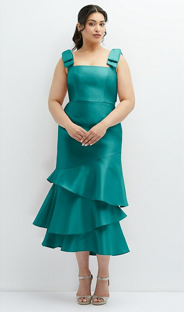 Back View - Jade Bow-Shoulder Satin Midi Dress with Asymmetrical Tiered Skirt