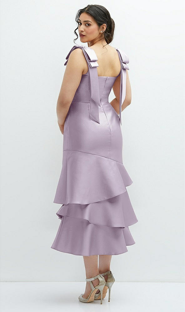 Front View - Lilac Haze Bow-Shoulder Satin Midi Dress with Asymmetrical Tiered Skirt