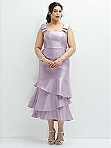 Rear View Thumbnail - Lilac Haze Bow-Shoulder Satin Midi Dress with Asymmetrical Tiered Skirt
