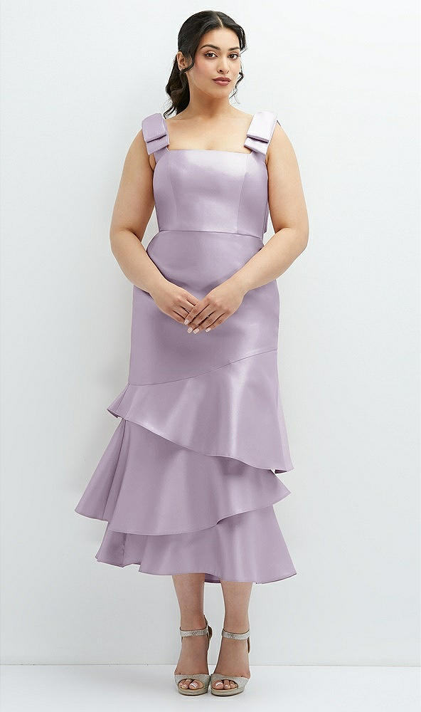 Back View - Lilac Haze Bow-Shoulder Satin Midi Dress with Asymmetrical Tiered Skirt