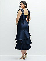 Front View Thumbnail - Midnight Navy Bow-Shoulder Satin Midi Dress with Asymmetrical Tiered Skirt