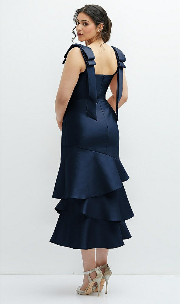Front View - Midnight Navy Bow-Shoulder Satin Midi Dress with Asymmetrical Tiered Skirt