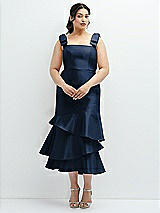 Rear View Thumbnail - Midnight Navy Bow-Shoulder Satin Midi Dress with Asymmetrical Tiered Skirt