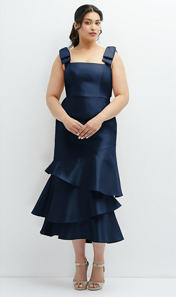 Back View - Midnight Navy Bow-Shoulder Satin Midi Dress with Asymmetrical Tiered Skirt