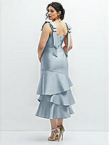 Front View Thumbnail - Mist Bow-Shoulder Satin Midi Dress with Asymmetrical Tiered Skirt