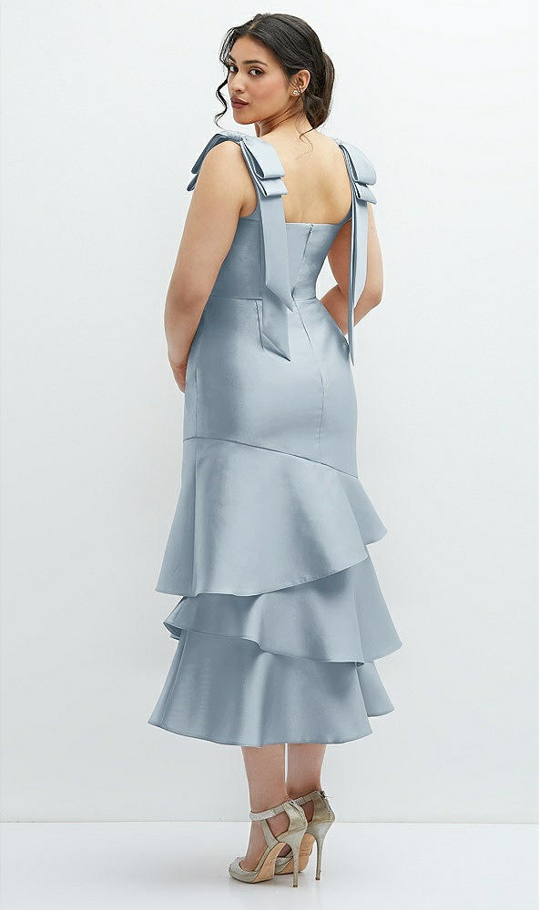 Front View - Mist Bow-Shoulder Satin Midi Dress with Asymmetrical Tiered Skirt