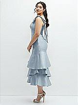 Side View Thumbnail - Mist Bow-Shoulder Satin Midi Dress with Asymmetrical Tiered Skirt