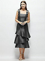 Alt View 1 Thumbnail - Pewter Bow-Shoulder Satin Midi Dress with Asymmetrical Tiered Skirt
