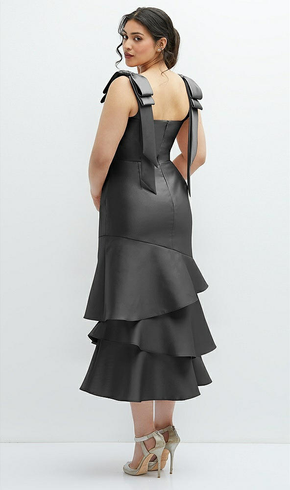 Front View - Pewter Bow-Shoulder Satin Midi Dress with Asymmetrical Tiered Skirt