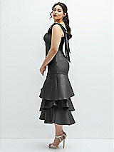 Side View Thumbnail - Pewter Bow-Shoulder Satin Midi Dress with Asymmetrical Tiered Skirt