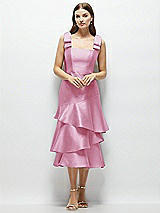 Alt View 1 Thumbnail - Powder Pink Bow-Shoulder Satin Midi Dress with Asymmetrical Tiered Skirt