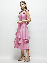 Alt View 2 Thumbnail - Powder Pink Bow-Shoulder Satin Midi Dress with Asymmetrical Tiered Skirt