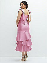 Front View Thumbnail - Powder Pink Bow-Shoulder Satin Midi Dress with Asymmetrical Tiered Skirt