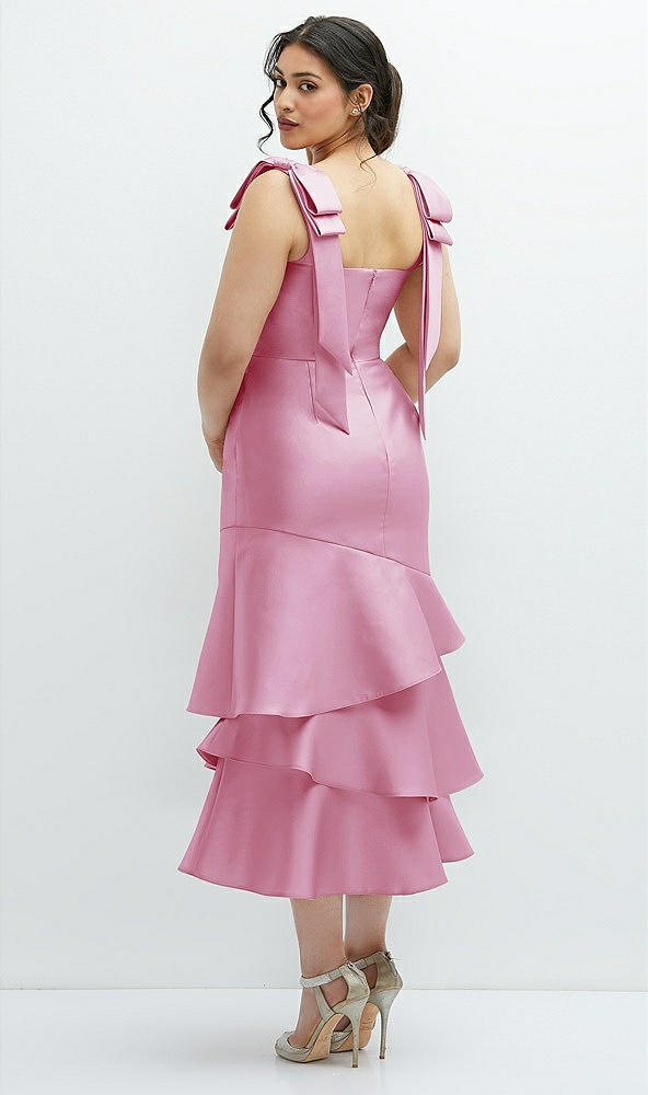 Front View - Powder Pink Bow-Shoulder Satin Midi Dress with Asymmetrical Tiered Skirt