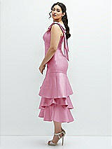 Side View Thumbnail - Powder Pink Bow-Shoulder Satin Midi Dress with Asymmetrical Tiered Skirt