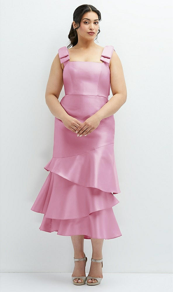 Back View - Powder Pink Bow-Shoulder Satin Midi Dress with Asymmetrical Tiered Skirt