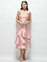 Alt View 1 Thumbnail - Rose - PANTONE Rose Quartz Bow-Shoulder Satin Midi Dress with Asymmetrical Tiered Skirt