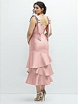 Front View Thumbnail - Rose - PANTONE Rose Quartz Bow-Shoulder Satin Midi Dress with Asymmetrical Tiered Skirt