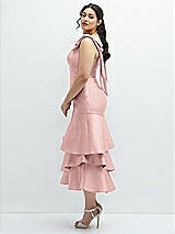 Side View Thumbnail - Rose - PANTONE Rose Quartz Bow-Shoulder Satin Midi Dress with Asymmetrical Tiered Skirt