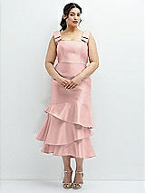 Rear View Thumbnail - Rose - PANTONE Rose Quartz Bow-Shoulder Satin Midi Dress with Asymmetrical Tiered Skirt