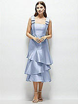Alt View 1 Thumbnail - Sky Blue Bow-Shoulder Satin Midi Dress with Asymmetrical Tiered Skirt