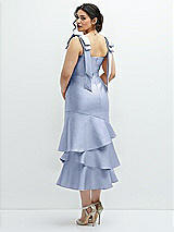 Front View Thumbnail - Sky Blue Bow-Shoulder Satin Midi Dress with Asymmetrical Tiered Skirt