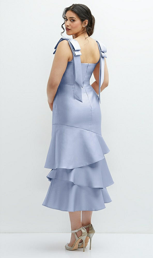 Front View - Sky Blue Bow-Shoulder Satin Midi Dress with Asymmetrical Tiered Skirt